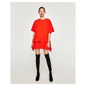 Zara W/B Oversized Poplin Dress with Contrasting Ruffles